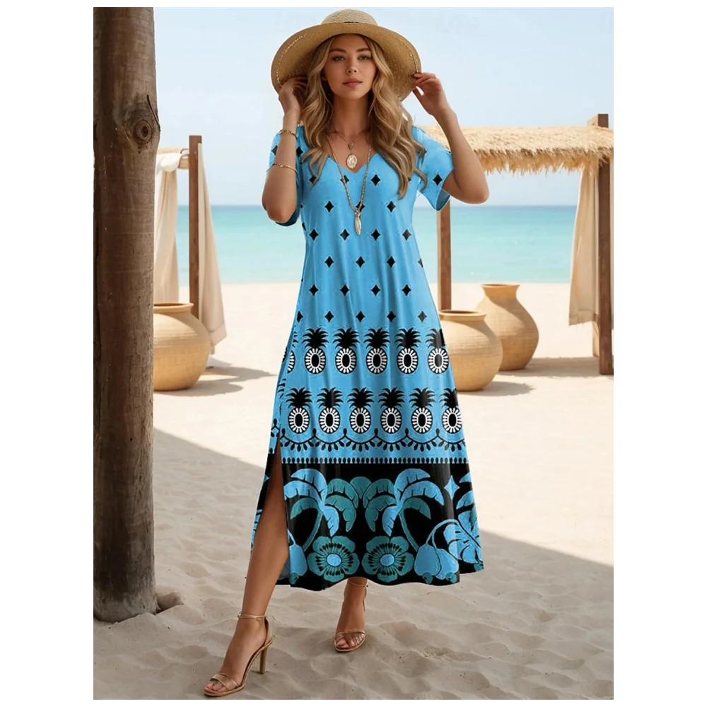 Folk Style Dresses For Women Fashion V-Neck Long Dress Short Sleeve A-Line Skirt Party Slit Dress Summer Holiday Woman Clothing