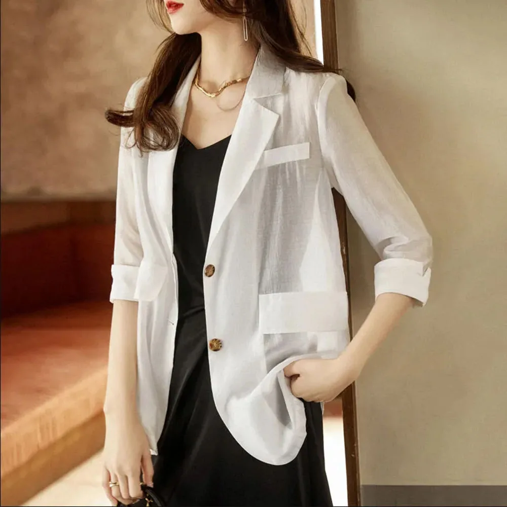 2023 Summer Small Suit Jacket Women\'s Loose Thin Casual Sunscreen Woman Coat Office Work Ladies Blazers Solid Color Female Tops