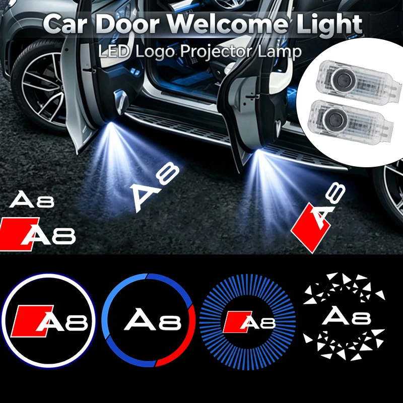 2Pcs HD LED Car Door Courtesy Logo Welcome Ghost Shadow Projector Lamps Styling Replacement For Audi A8 Auto Decor Accessories