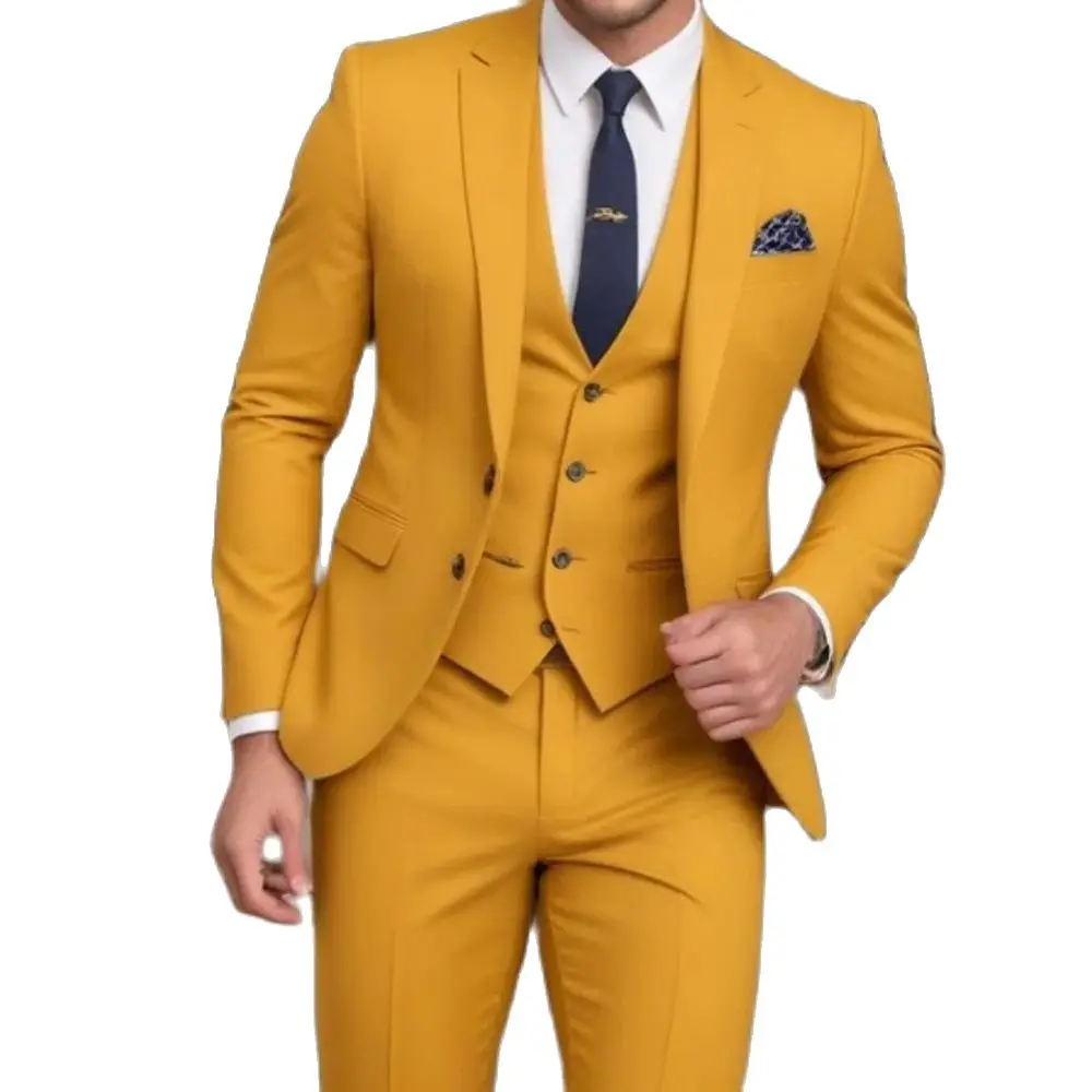 Custom Made Yellow Men\'s Suits Single Breasted Notch Lapel Formal 3 Piece Jacket Pants Vest Full Sets Luxury Male Clothing Terno