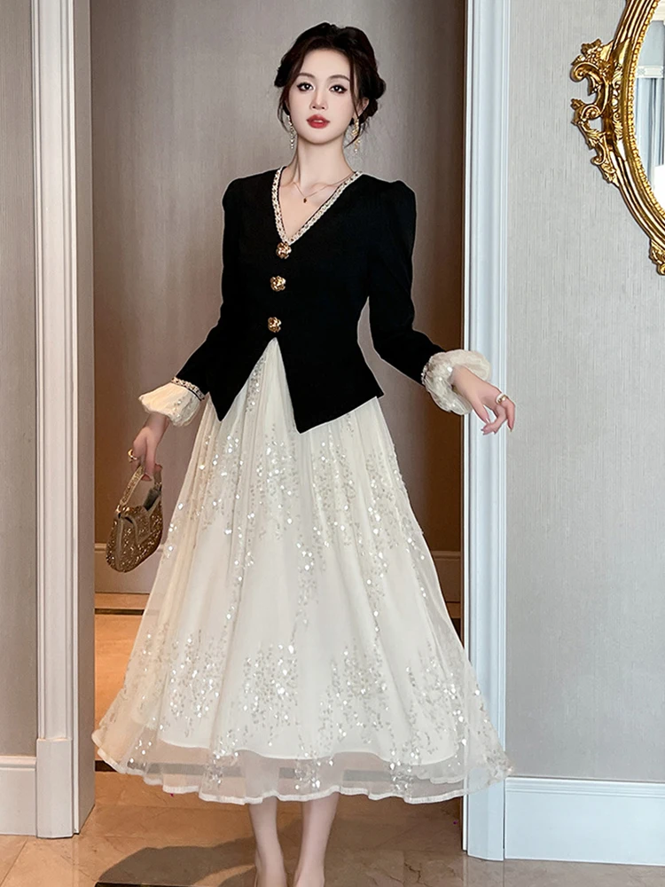 ملابس النساء في الشارع ريترو وهمية 2 قطعة أسود الخامس الرقبة سليم ميدي ألف خط فستان أنيق فاخر سيدة موضة حفلة موسيقية Vestidos رداء