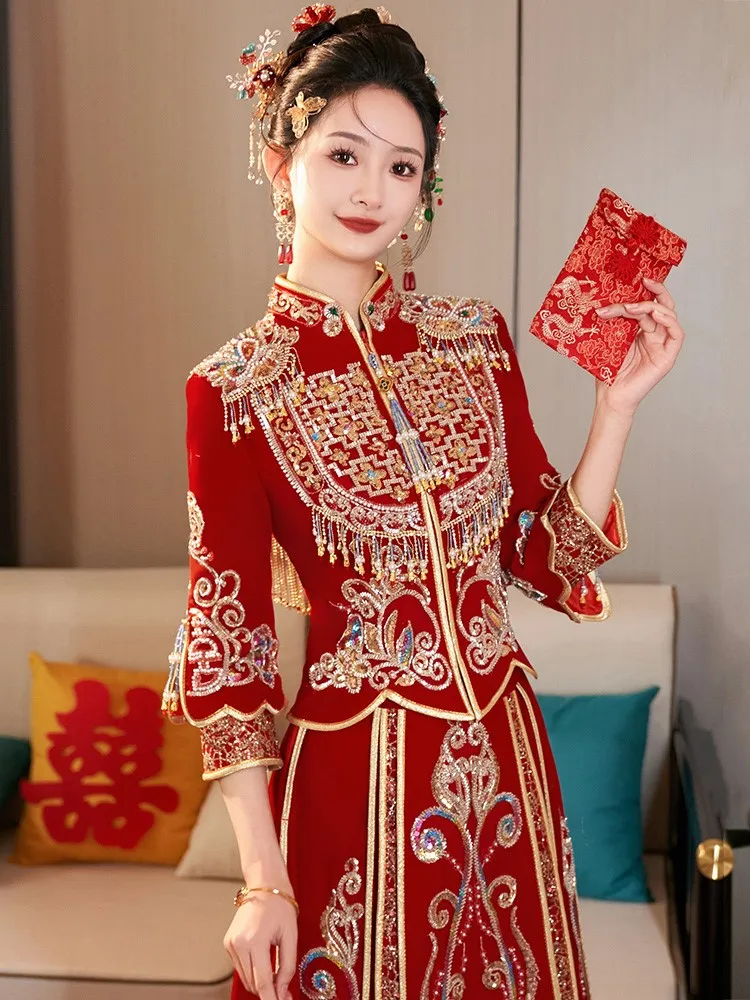 

New velvet wedding dress heavy industry toasting Chinese-style new-style for women
