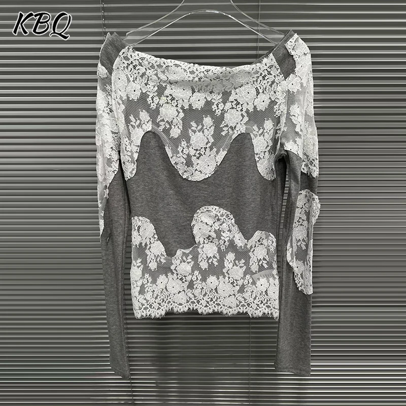 

KBQ Solid Spliced Lace Minimalist Chic T Shirt for Women Slash Neck Off The Shoulder Sleeve Loose Casual Tops Female Fashion New