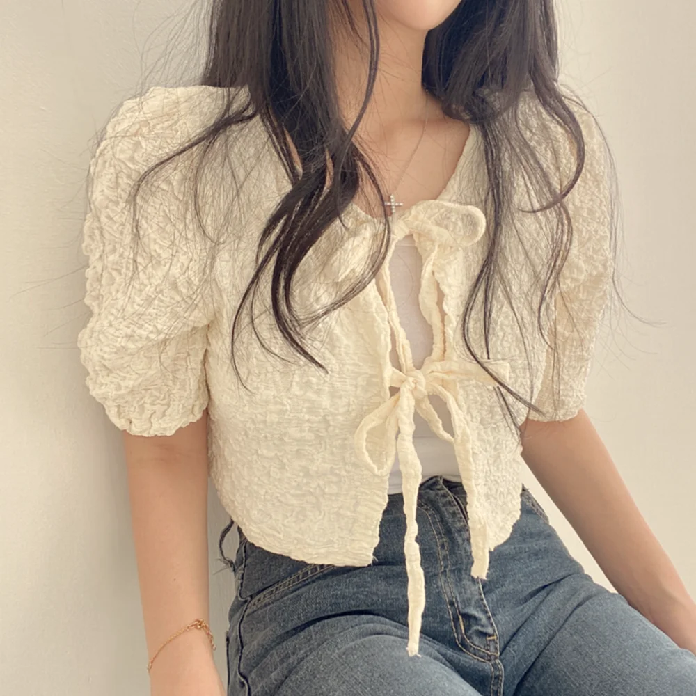 

Sweet Versatile Belted V-Neck Long Sleeve Thin Air Conditioning Shirt Short Outerwear Women's Fashion Spring Autumn Winter