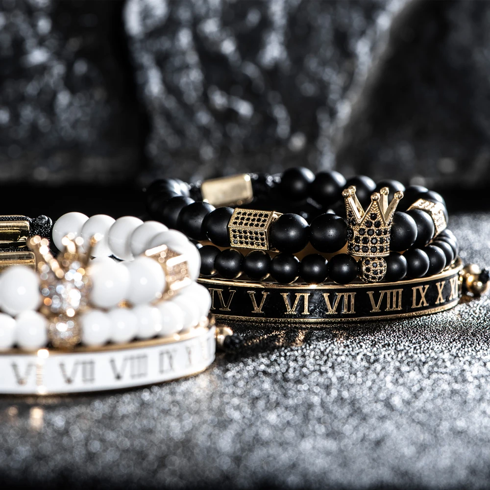 Luxury Charm CZ Crystal Crown Gold Color Bracelet Men White Enamel Roman Number Stainless Steel Bangles Europe Fashion Jewelry