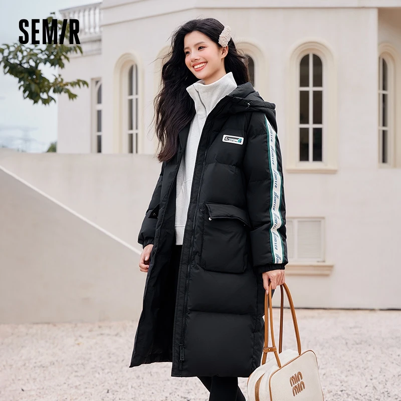 Semir Down Jacket Women Long Loose 2024 Winter New Three-Defense Raglan Sleeve Hooded Thick Coat