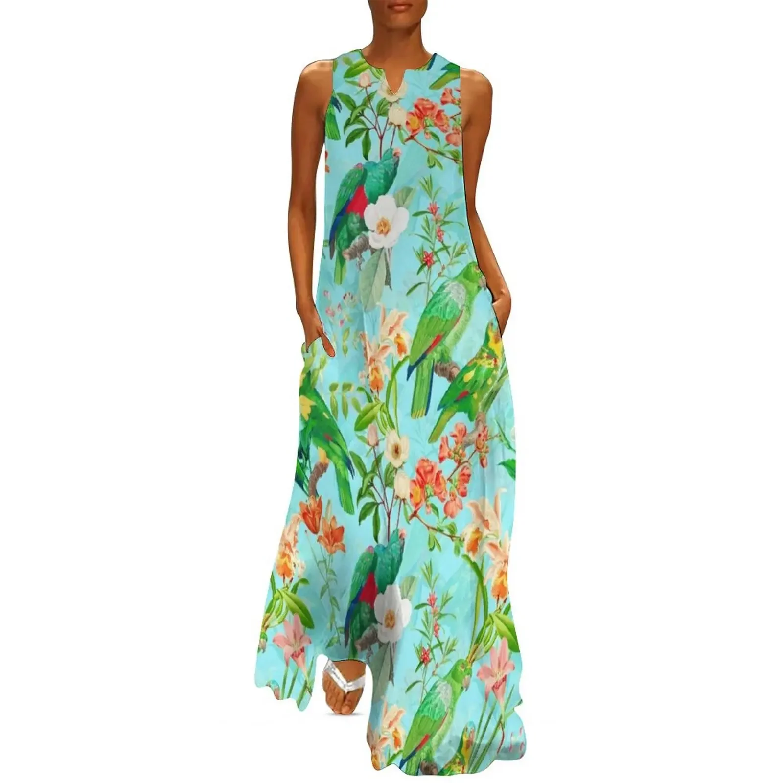 

Vintage Teal Tropical Bird Jungle Garden Long Dress beach outfits for women long dresses for women women's dresses luxury Dress