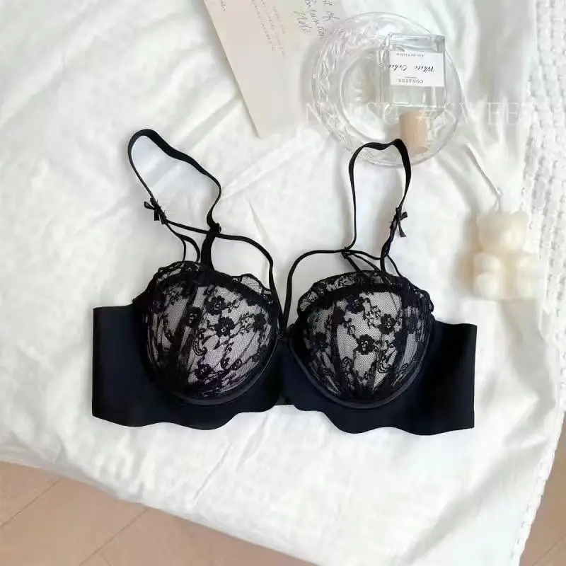 KUCLUT Japanese Pure Desire Wind Sexy Bra Set Small Breasts Gathered Underwear Without Steel Ring French Lace Bra Set
