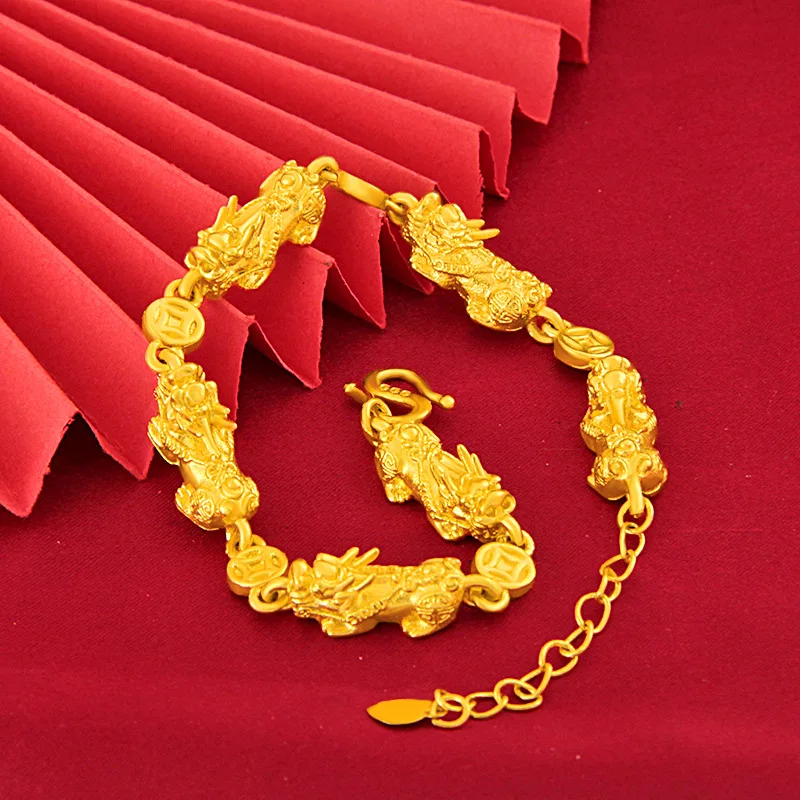 

24k Yellow Gold Plated Bracelet for Men Women Small pixu pendant Gold Hand Chain Bracelets Wedding Jewelry Gifts