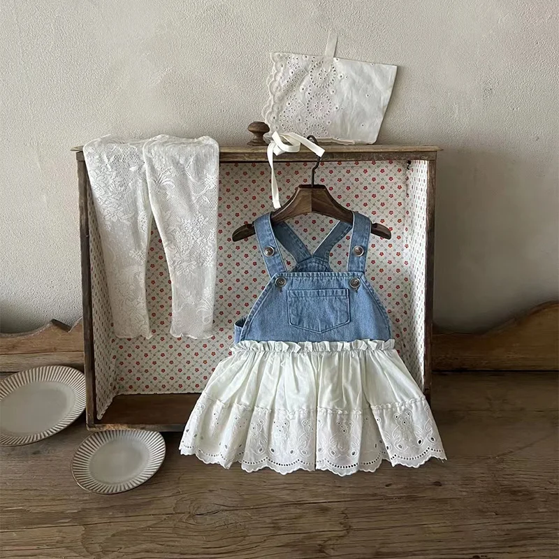 MILANCEL New Summer Baby Dress Toddler Denim+White Lace Stitching Cute Bear Dress Infant Outwear