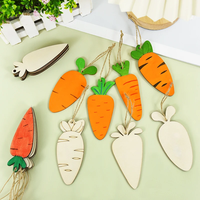 

12pcs Easter Unfinished Blank Carrot-shaped Wood Chips With Rope For Home Decoration Spring Easter Party Hanging Pendants