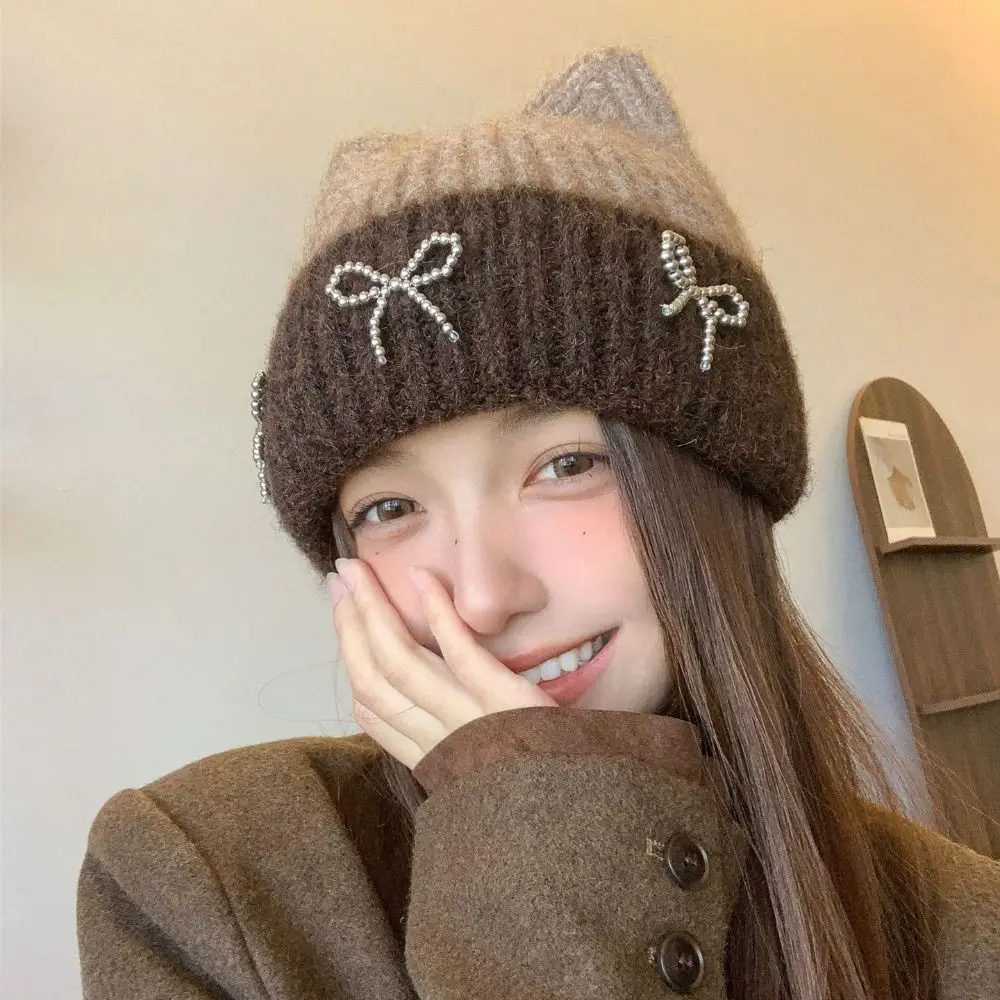 Cute Contrast Color Cat Ear Knitted Hat Bow Warm Cap Crochet Basin Cap Solid Color Jennie Style Knit Beanie Apparel Accessories