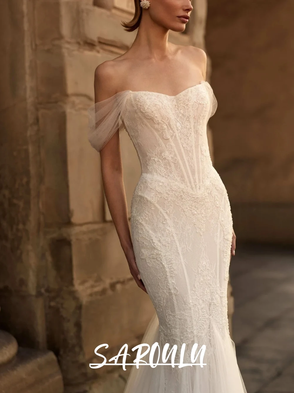 SAROULU Dreamy Beaded Lace Long Wedding Dress Slim Fit Mermaid Off-the-shoulder Bridal Gown Corset Bodice Graceful Bride Wear