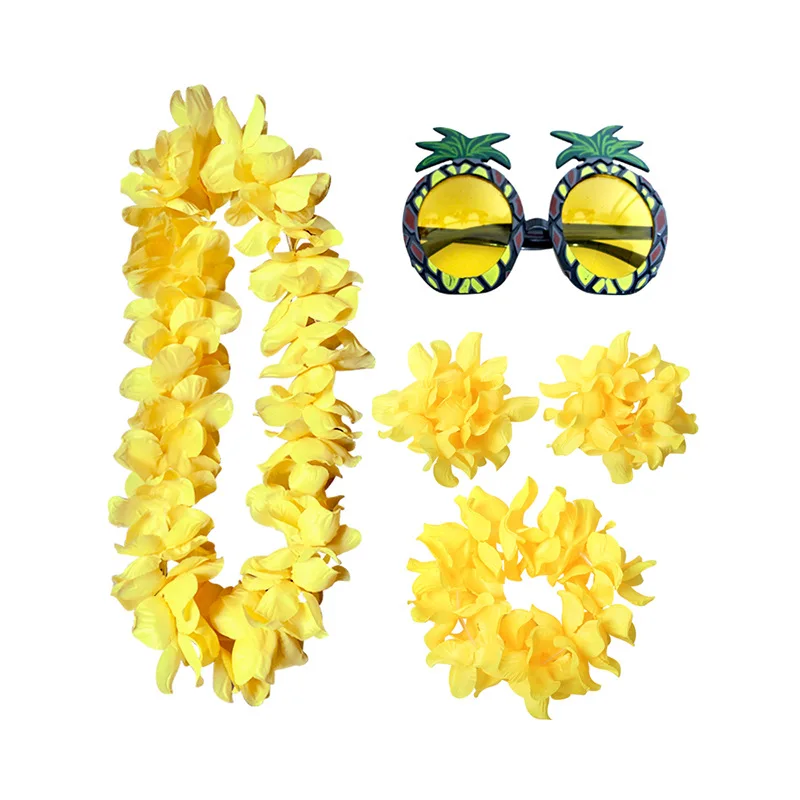 5PC Pineapple Sunglasses Hawaiian Flowers leis Garland Necklace Upgrade Fancy Dress  Hawaii Summer Beach Tropical Party Decor