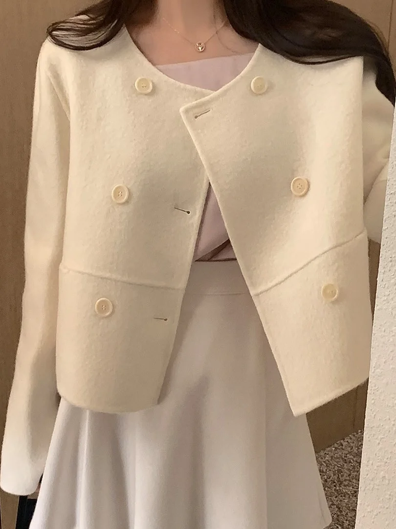 

Chic Woolen Coat ort round Ne Double Breasted Women's Faion Commute Sle Small Size Friendly Pure Color Outerwear