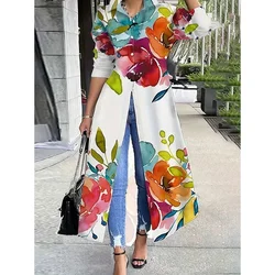 Yeezzi Women Elegant Flower Printed Lapel Shirts Dress 2024 New Autumn Long Sleeves Loose Buttoned Party Evening Maxi Dresses