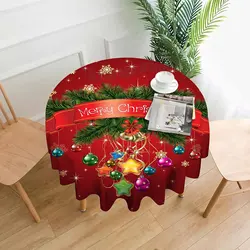 Mantel redondo navideño de 60 pulgadas, cubierta de mesa de poliéster impermeable, copos de nieve, rama de pino verde, acebo, Rojo