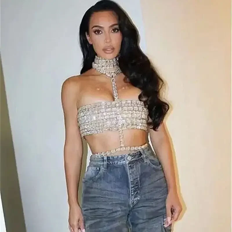 

High Quality Stylish Item Super Shining Diamonds Fashionable Neck Chain Short Strapless Top Hot Sexy Woman Fashion Party Outfit