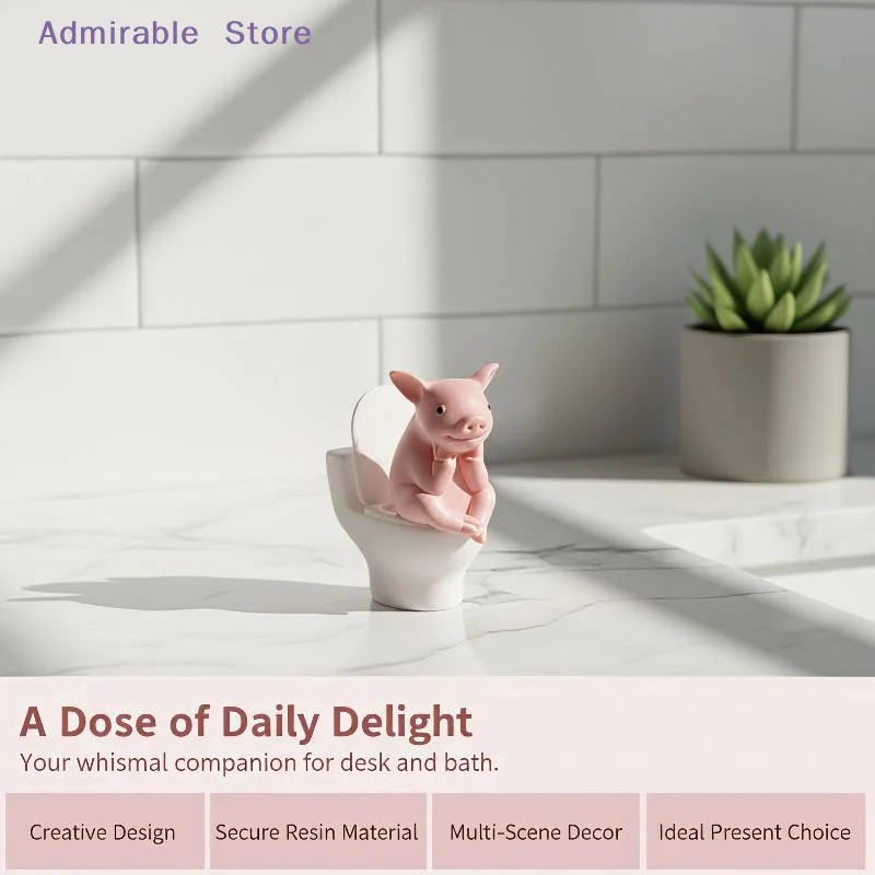 wCute Pig Sitting On Toilet Decor Statue PVC Waterproof 1PC Tabletop Wall-Mount for Bathroom Home Holiday Gift