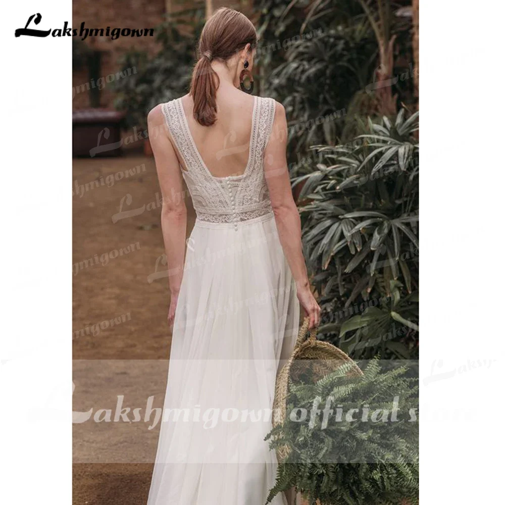 2021 Sexy Sweetheart Sleeveless Tank Lace Chiffon Backless Wedding Dresses with Back Buttons vestido para boda playa Lakshmigown