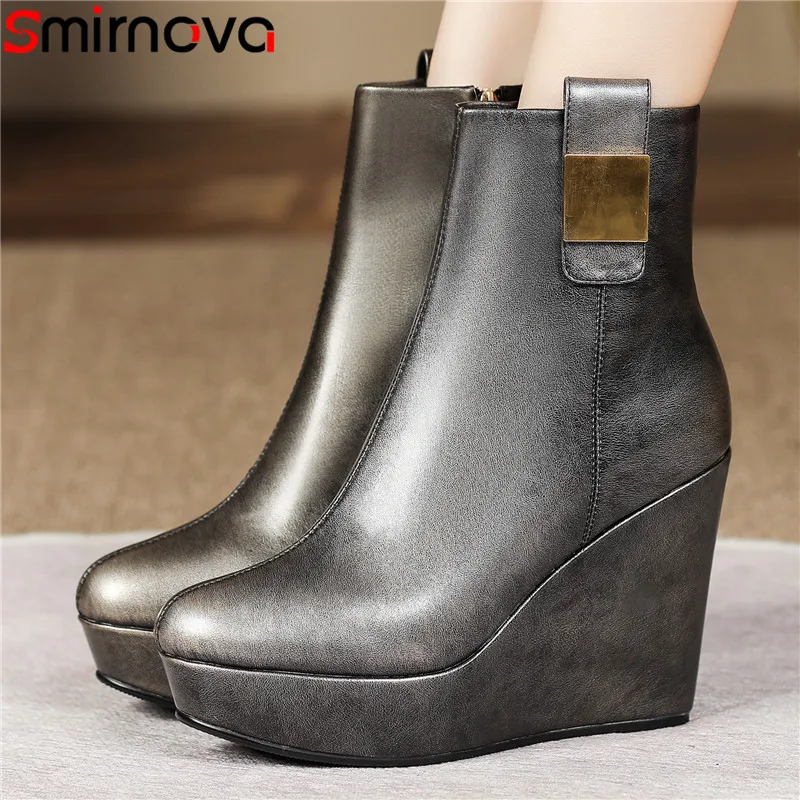 

Smirnova 2023 New Genuine Leather Platform Winter Boots Wedges High Heels Ankle Boots Vintage Ladies Zipper Boots