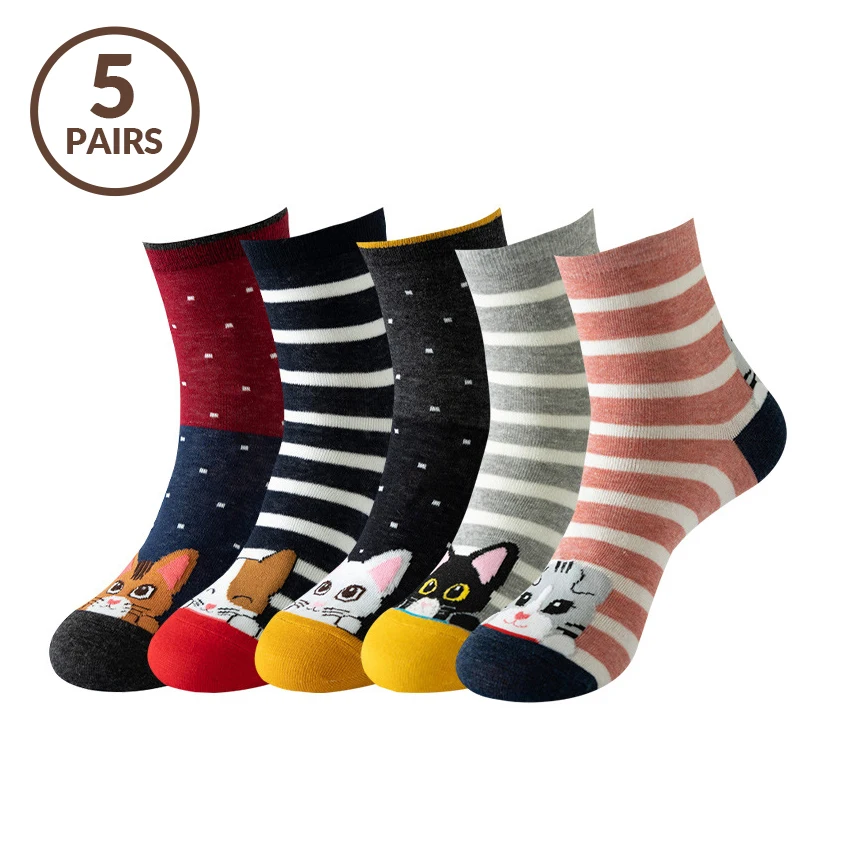 5-teiliges süßes Katzensocken-Set für Damen, Cartoon-Tier-Crew-Socken, bunt, lustig, schweißableitend, lässiges Socken-Set
