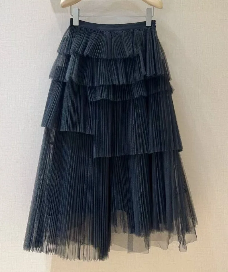 Ballkleid-Röcke 2025, Herbst-Designer-Modekleidung für Damen, kaskadierende Rüschen, sexy, asymmetrisch, Aprikose, schwarz, lange Netzröcke