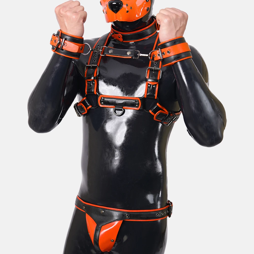 Furrjoiハーネスセット、股間レザー付きコスプレ用カスタムBDSMファーフェチセクシーボディハーネスベルトパンク服