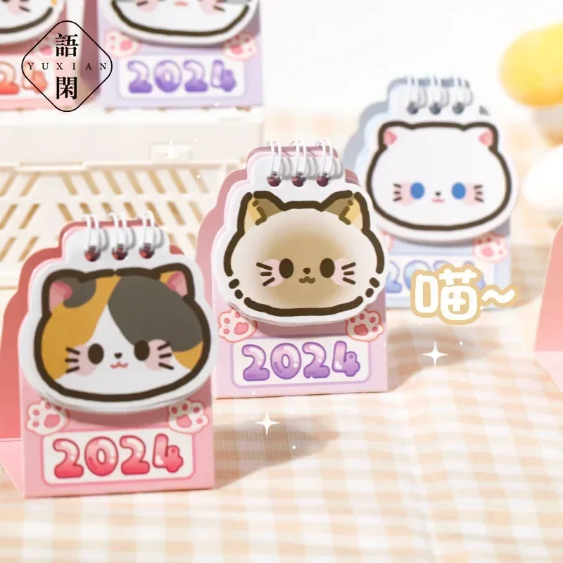 Calendário Kawaii Cat Desk, Mini Calendário Bonito, Planejador Diário, Programar Para Fazer Lista, Organizadores, Papelaria Do Escritório, 2024