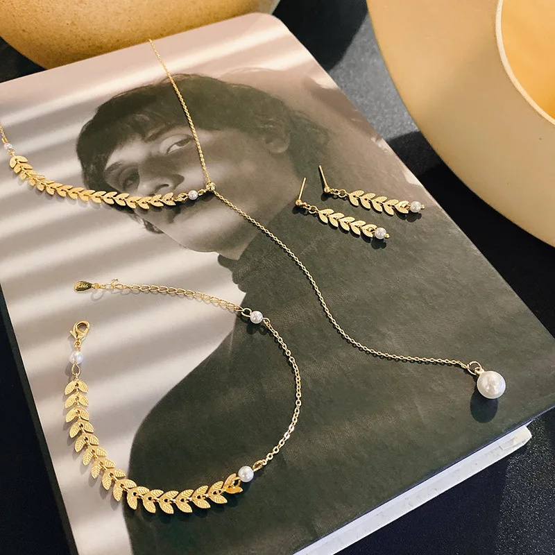 Gold Color Metal Hanging Earrings Bracelets Necklaces Combination Jewelry Sets for Women Unusual Wheat Indian Wedding Jewelry