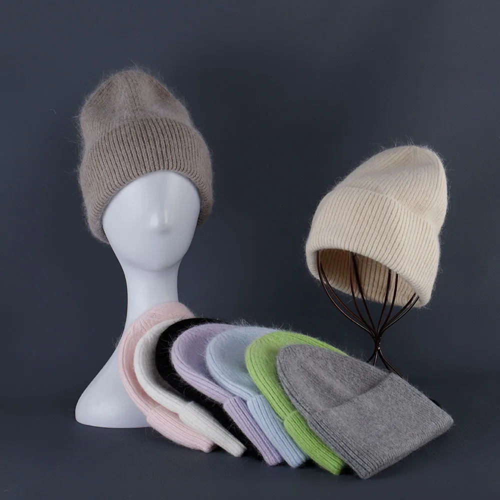 Czapka z futra królika Miękka, ciepła, puszysta czapka zimowa dla kobiet Angora Dzianinowa czapka Skullies Czapka damska Ciepła czapka z dzianiny dla kobiet