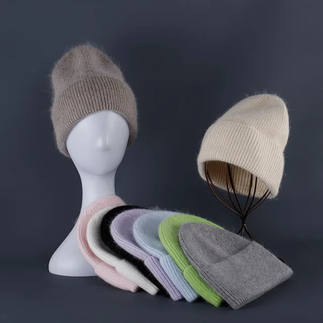 Czapka z futra królika Miękka, ciepła, puszysta czapka zimowa dla kobiet Angora Dzianinowa czapka Skullies Czapka damska Ciepła czapka z dzianiny dla kobiet