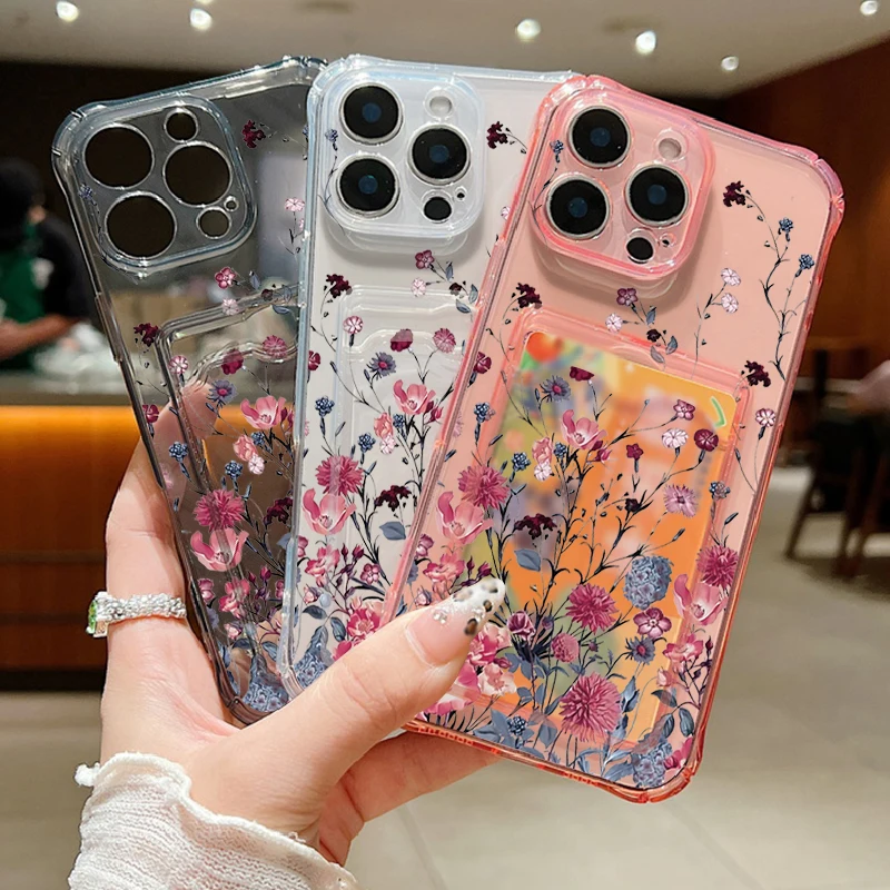 Clear Flowers Patterned Card Holder Phone Case For iPhone 17e 17 16 15 14 13 Pro Max 15 16 17 Pro 16e 12 11 Soft Card Bag Cover