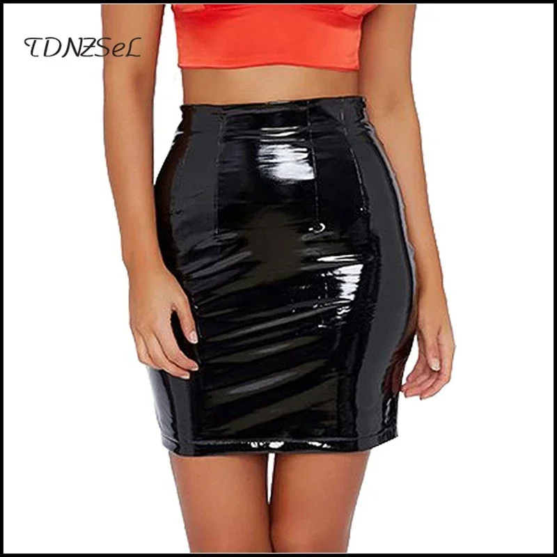 Women High Waist Faux Leather Mini Pencil Skirt Ladies Sexy Shiny PU Stretch Bodycon Short Skirts Nightclub Party Summer Custom