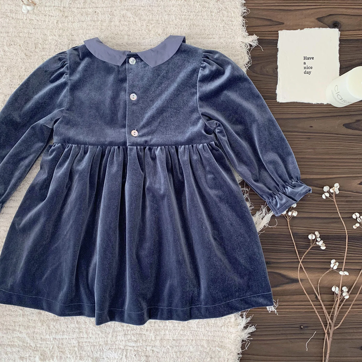 Winter Big Girls Velvet Dress Long Sleeve Little Girl Fall Dresses Size 1 2 3 4 5 6 Years Blue Kids Baby Clothes Lapel Collar