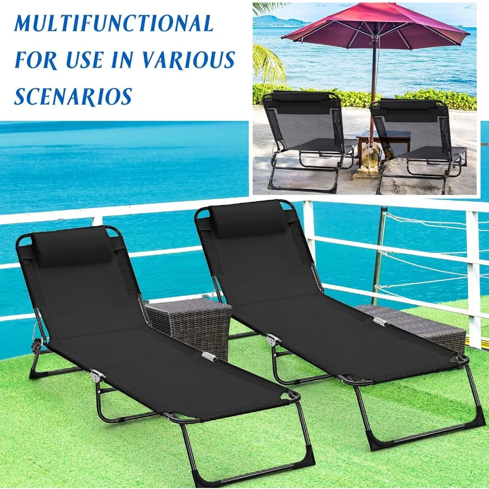 XMSJ 2 Pack Folding Chaise Lounge Chairs Outdoor Sun Tanning Chair for Outside Foldable Beach Chair with Pillow 5 Position Recli