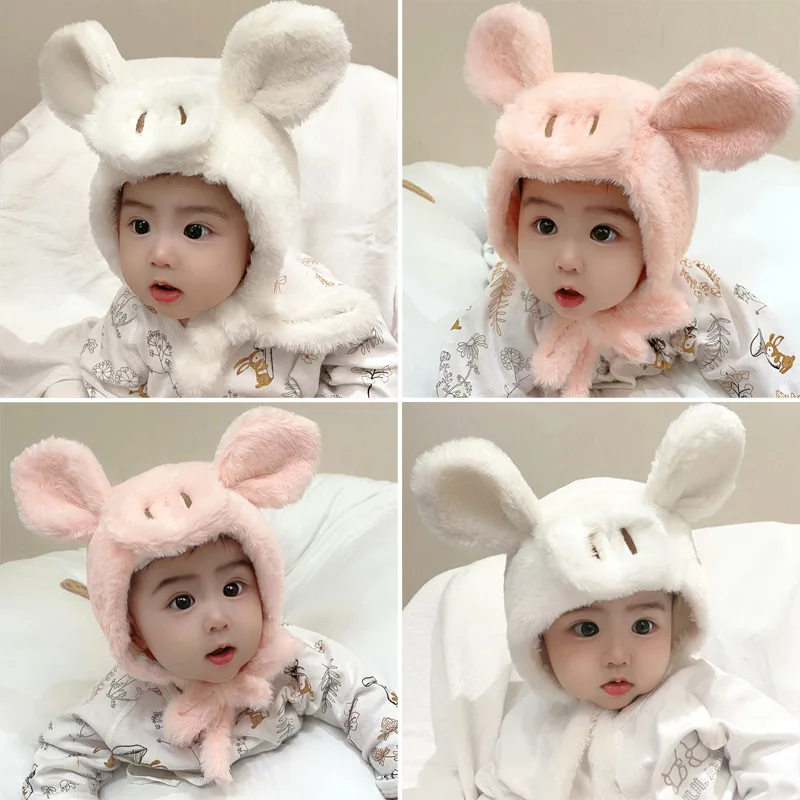 New Cartoon Cute Pink Pig Pig Plush Baby Hat Fall And Winter Toddler Boys And Girls Padded Thickened Ear Protection Warm Hat