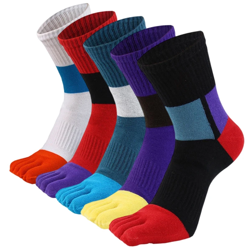 5 Pairs Cotton Five Finger Socks Men Breathable Middle Tube Striped Colorful Dress Business Casual Toe Socks with 5 Toes Male