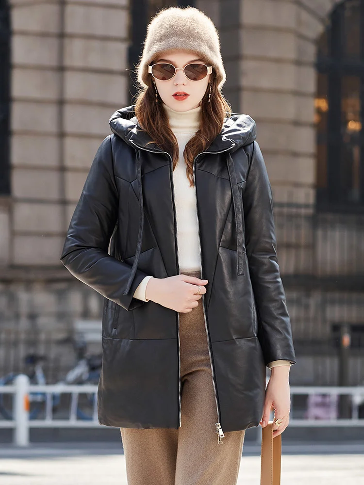 and Patty's minimalist fashionable leather down jacket for women's mid length 2022 small sheep skin hooded leather jacket for