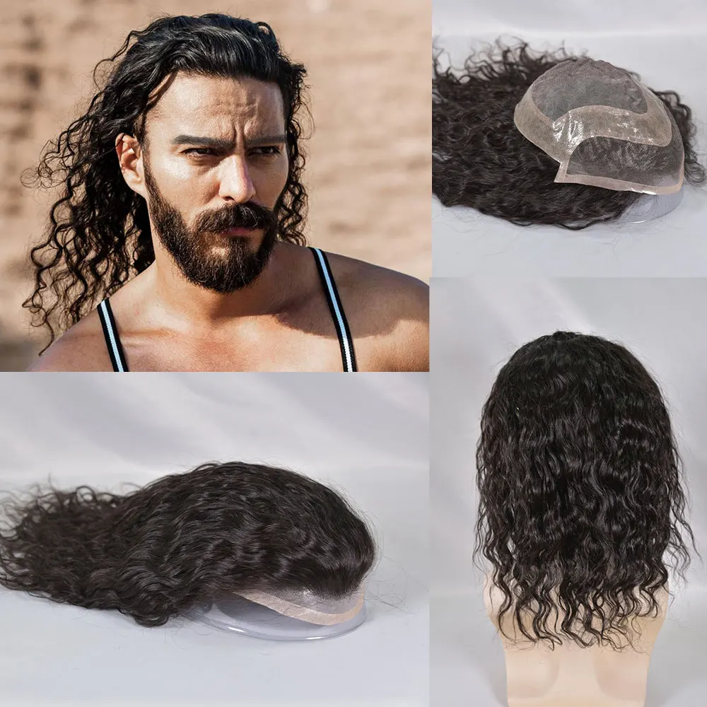 Men\'s Toupee Natural Wave European Human Hair Fine Mono Toupee 12\'\' Long Hair Replacement System 8x10 Black with PU Around