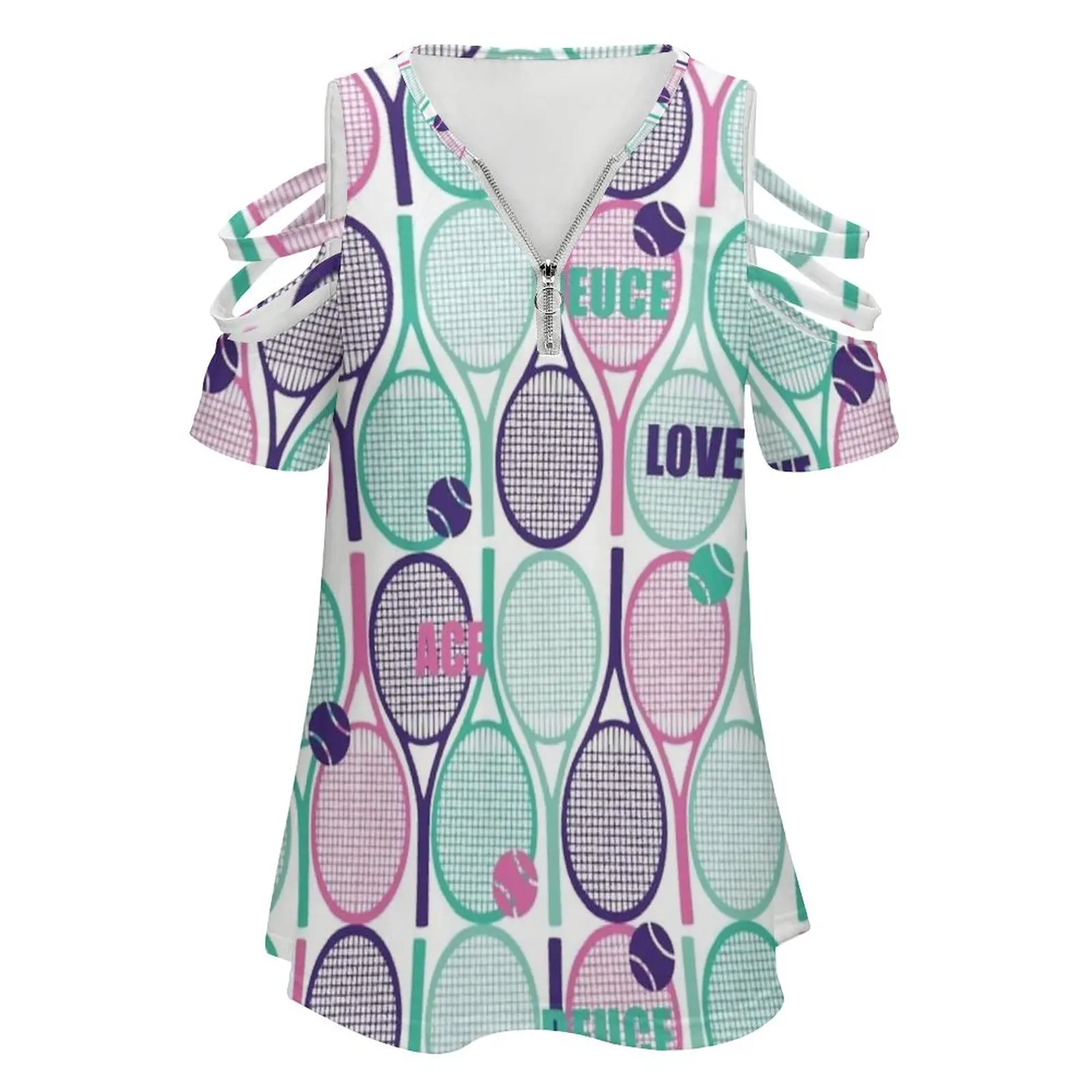 All Tennis Rackets Pattern : Pink , Teal Blue And Minty On Women's T-Shirt Summer Fashion Print Floral V-Neck Zipper Tshirt