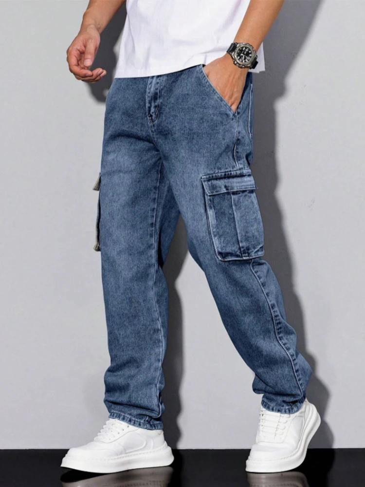 Men's Blue Cargo Jeans Spring New Multi-Pocket Loose Fit Denim Pants Streetwear Hip Hop Casual Versatile Daily Fashion Trousers
