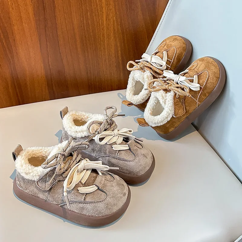 

Children Sports Shoes Hook&loop Suede Warm Kids Casual Shoes Round Toes 2025 Winter New Boys Girls Flat Shoes Soft Bottom Trendy