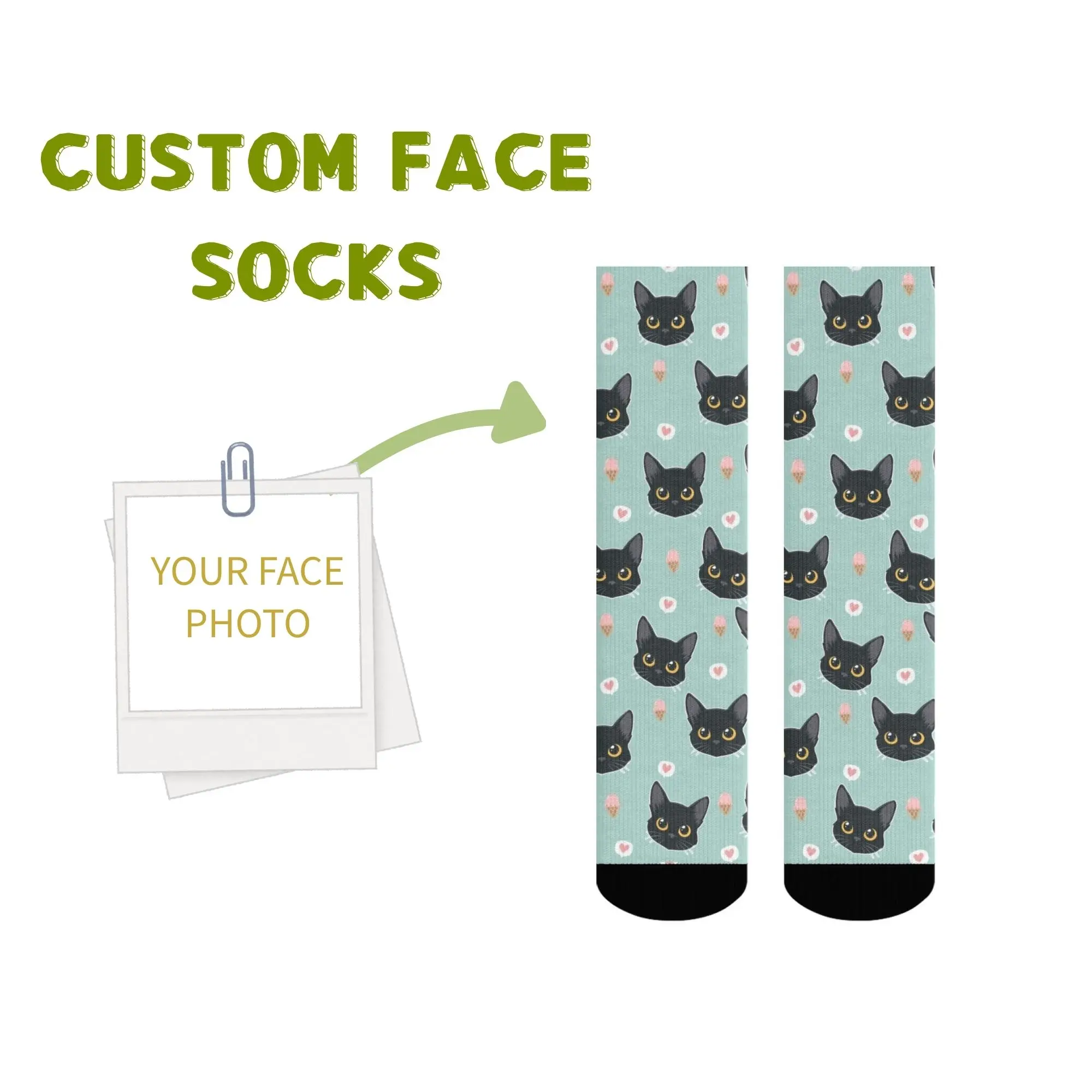 

Custom Cute Black Cat Face Socks Sweet Ice Cream & Heart Pattern Print Unique Ideal Souvenir Gift for Cat Lovers & Pet Owners