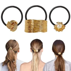 Punk Brushed Metal Hair Rope Graceful Alloy Geometric Hollow Out Ponytail Holder Rubber Band Hair Accessories