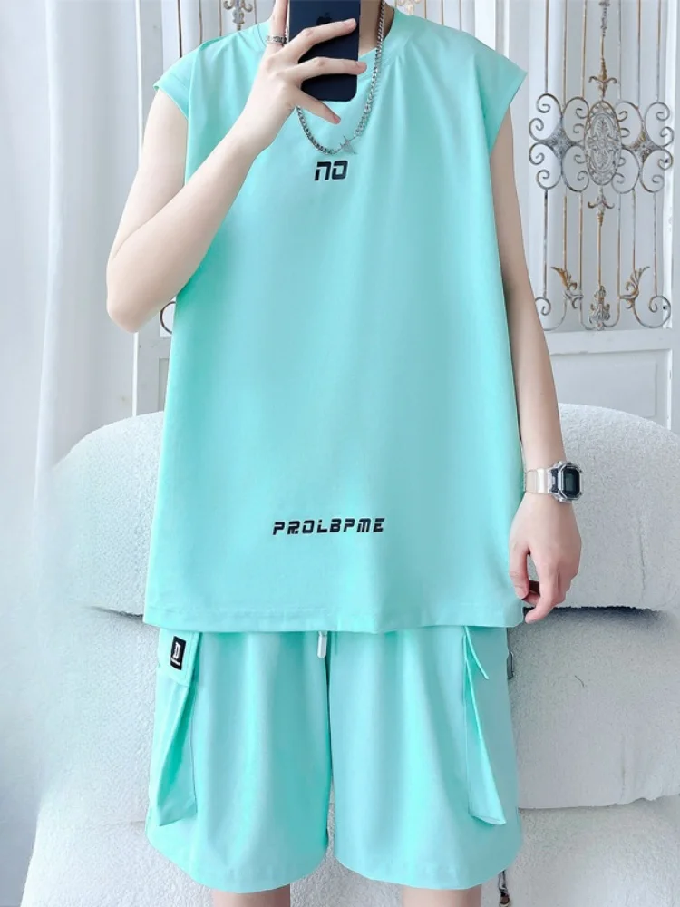 

Мужской спортивный жилет из тонкого ледяного шелка, летний комплект, американский повседневный стиль, футболка с круглым вырезом, молодежная, влагоотводящая, без рукавов...