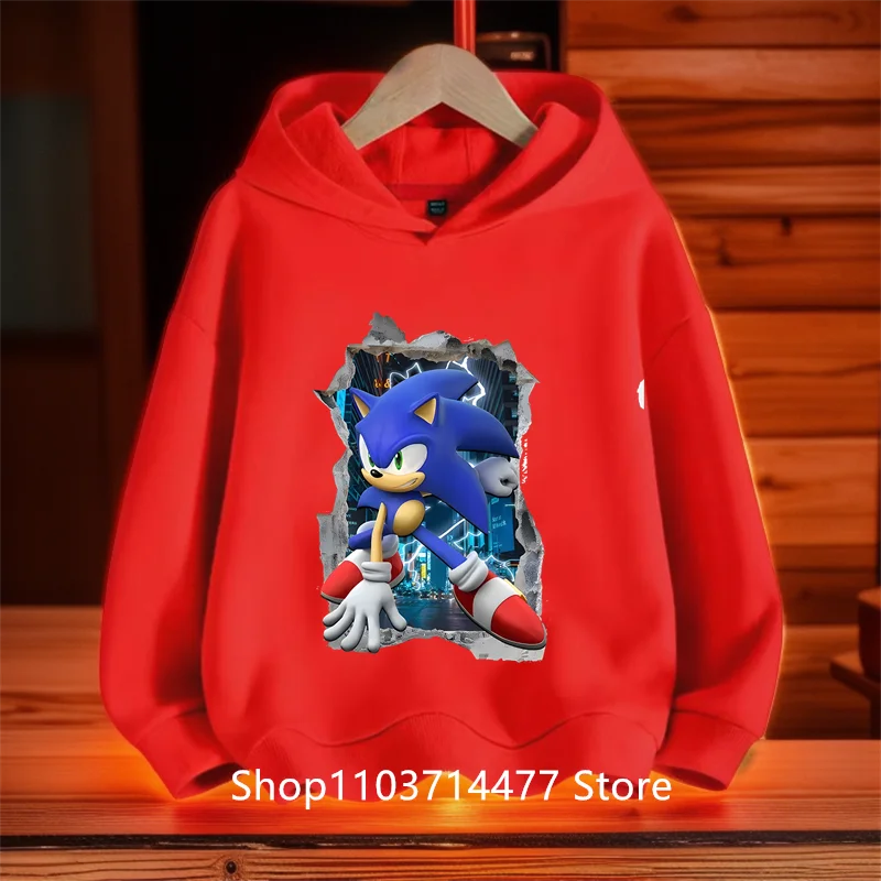 2025 Sonic the Fastest Boy - Kids Hoodie with Cartoon Print - Sporty Boys' Casual Shirt - Long Sleeve for Autumn/Winter