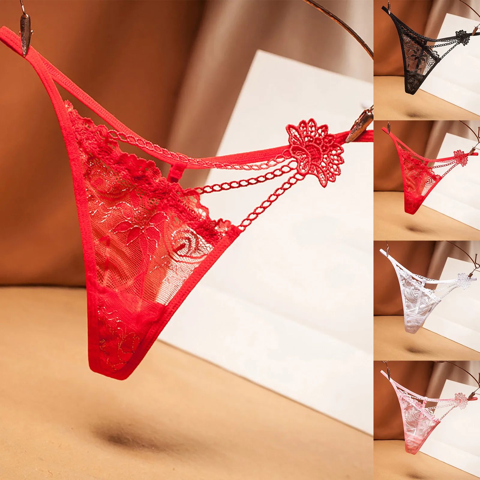 Sexy Transparent Mesh Women\'s Mini Thongs Hollow Out Lace Embroidered Panties Chain Ultra-Thin G-String Tangas Para Mujeres