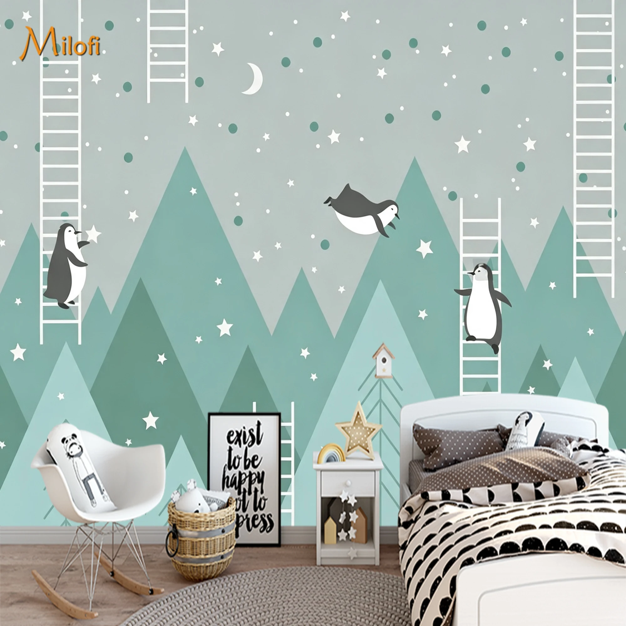 Kids Cute Penguin Wallpaper Custom Peel Stick Wall Mural Star Moon Ladder Mountain Nursery Home Wall Decoration
