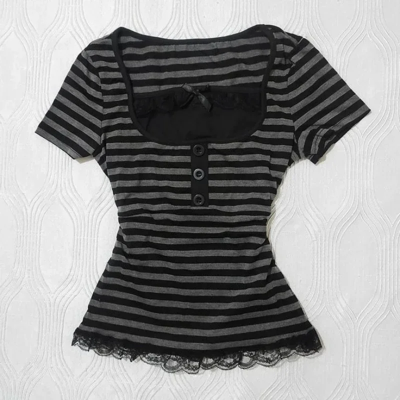 Y2k Crop Top Women Hot Girl Stripe Street Emo 2000s Cloth Summer Vintage Short Sleeve T-shirt Fashion Chic Classic Cute Baby Tee